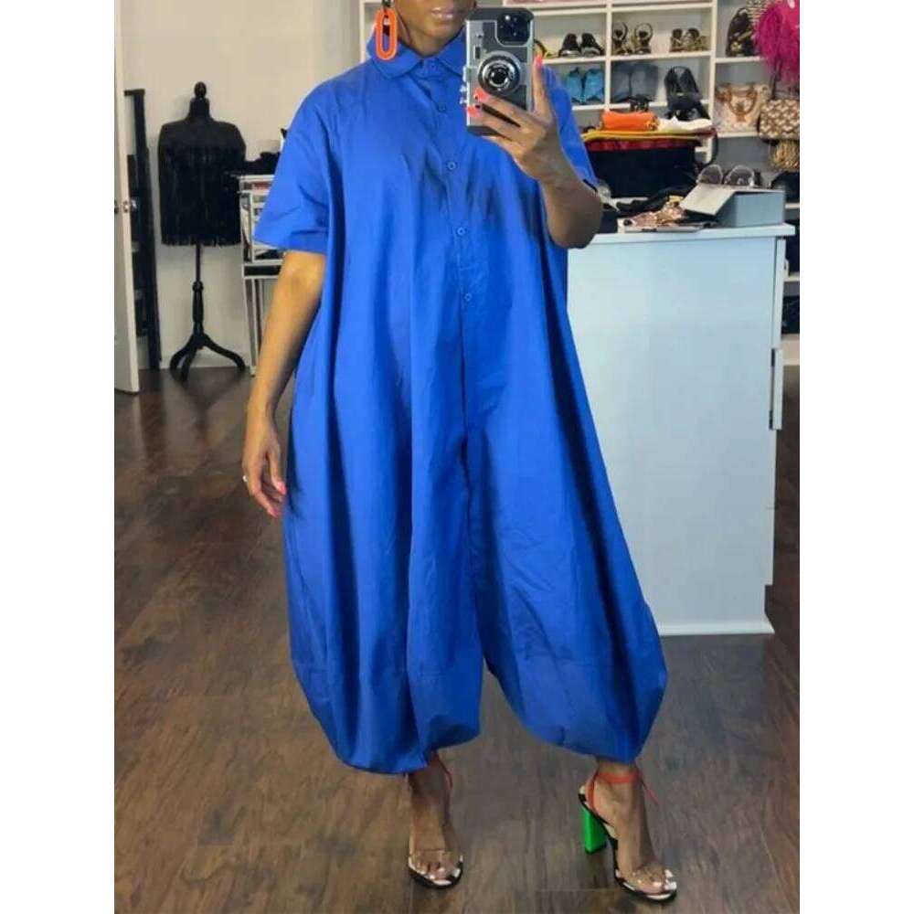 Onecozyday Women's Summer Loose Fit Jumpsuit Solid Color Lapel Collar Short Sleeves Buttoned Playsuit Casual Streetwear Romper