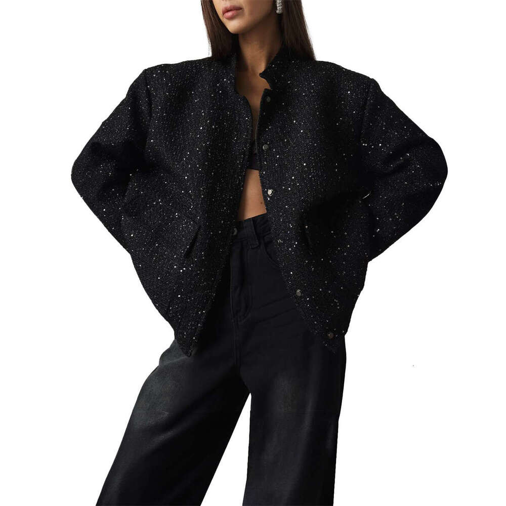 New INS Fashion Sequin Stand Collar Loose Jacket Coat B5