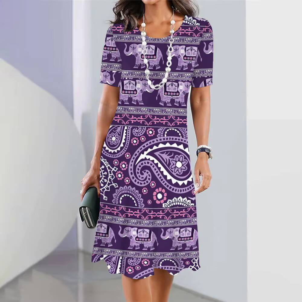 2024 New Elephant Print For Womens Elegant Midi Dresses Summer Female Short Sleeve Dress Fashion Oversized Clothes dongdumaoyi
