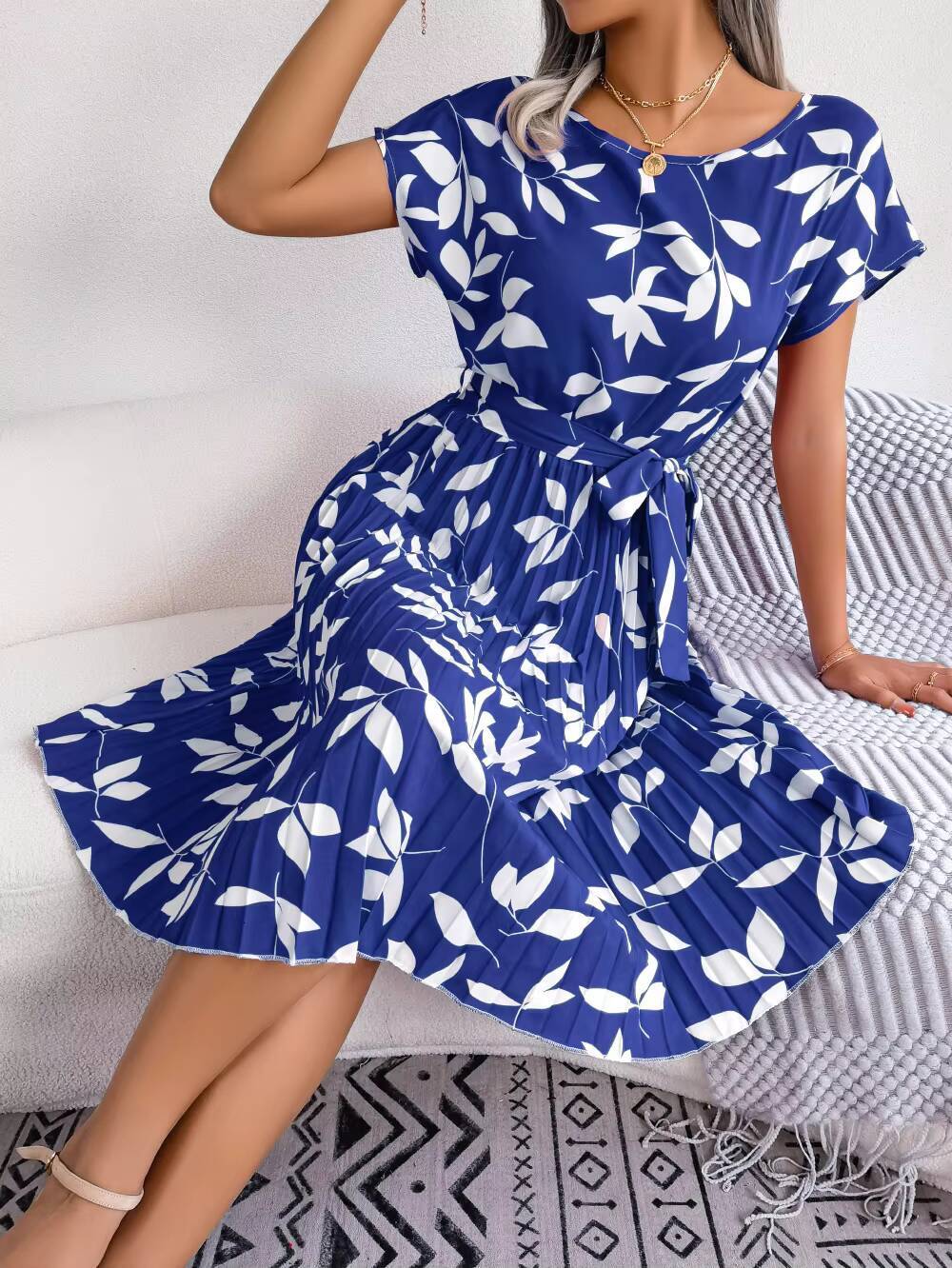 Casual O-neck Short Sleeve Dress Office Lady Spring Summer Fashion Elegant Floral Print Lace Up Pleated Dresses For Women 2023 dongdumaoyi