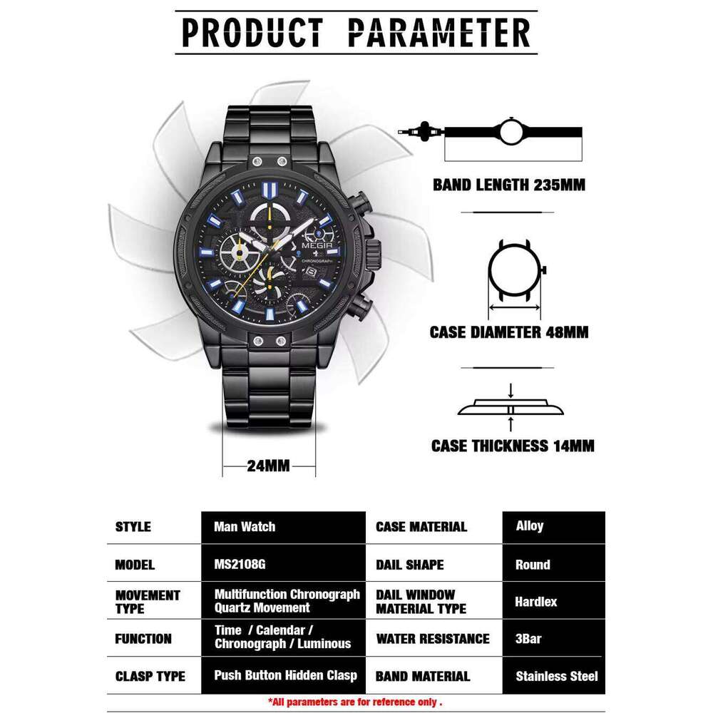 MEGIR 2108 Mens Quartz Watch Black Stainless Steel Band Chronograph Calendar Luminous Hands Waterproof Casual Simple Style