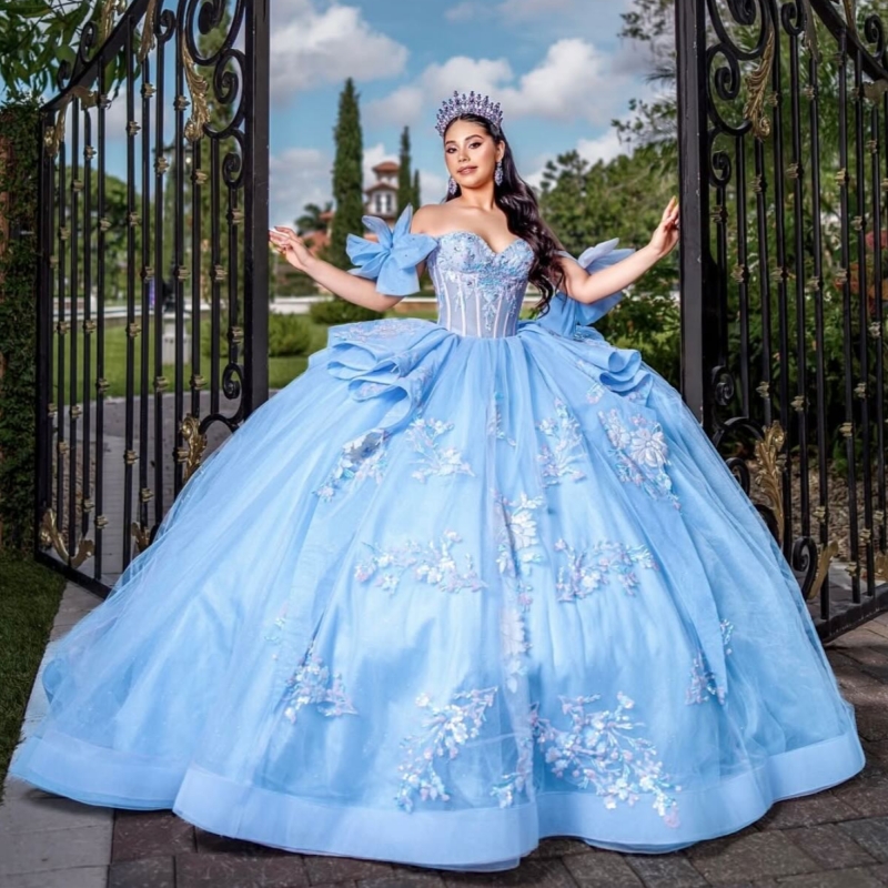 Sky Blue Quinceanera Dresses Ball Gown Off The Shoulder Applique Lace Beading Crystal Tull Corset Party Birthday Sweet 16 Dress Vestidos 15 Anos