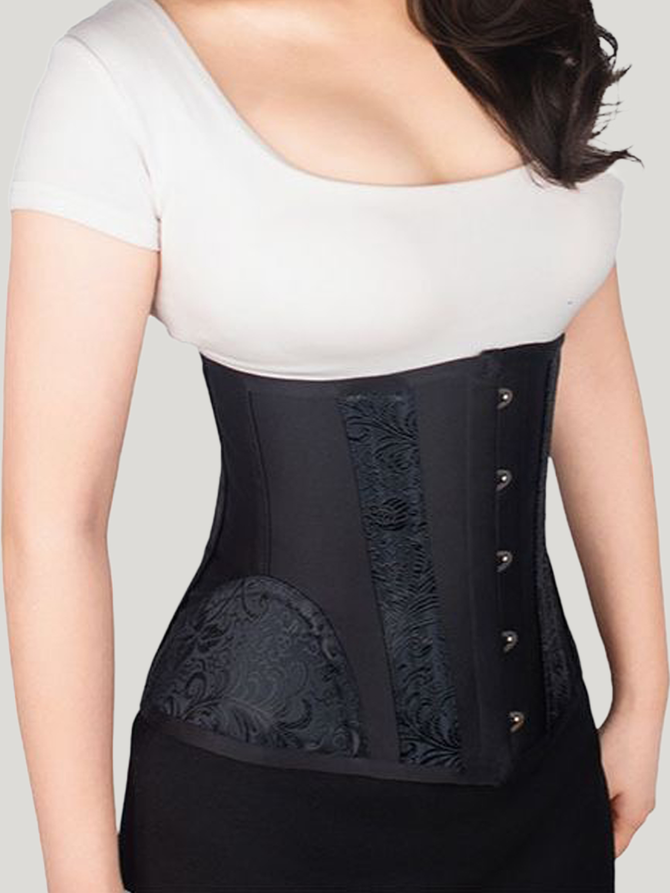 10.2 Inch Short Torso 5 Buttons Vintage Underbust Corset Women 14 steel bone dress with waistband, shaped drawstring binding