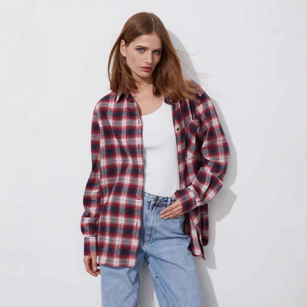 Spring Summer Loose Versatile Pure Cotton Plaid Unisex Shirt For Women B5