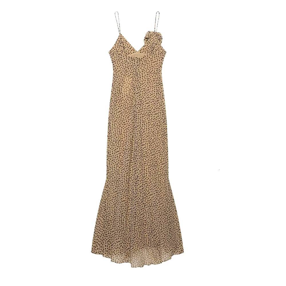 2025Polka dot sling three-dimensional decorative flower V-neck backless holiday style loose dress summer womens wear dongdumaoyi