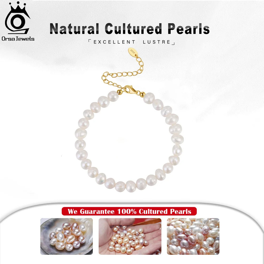 ORSA JEWELS 925 Sterling Silver Bracelet with 14k Gold Rice Natural Freshwater Pearl Chain Bracelet for Women Jewelry GPB10 250712