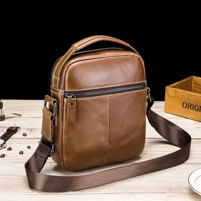Cowhide Small Genuine Leather Shoulder Men's Retro Casual Vertical Crossbody Bag, MINI Handbag