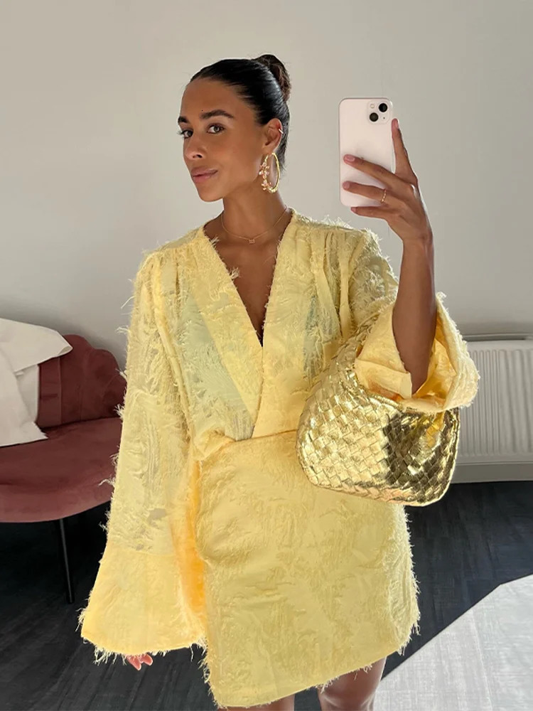 Loose 2 Piece Sets Women Outfit Casual V-neck Long Sleeve Shirt With High Waist Feathers Shorts Set 2025 Elegant Streetwear 250715