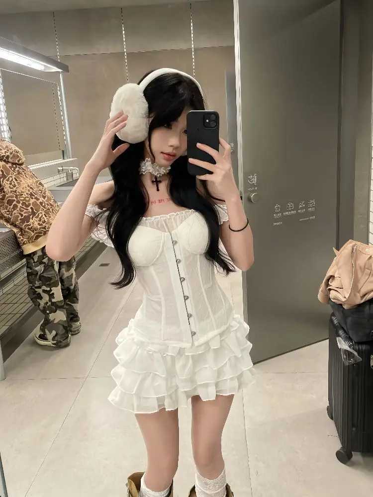 Women Sexy Two Piece Set Corset Top and Layered Ruffle Mini Skirt Slim Fit Suit Gothic Lolita Style Club Night Summer Outfit New R250716