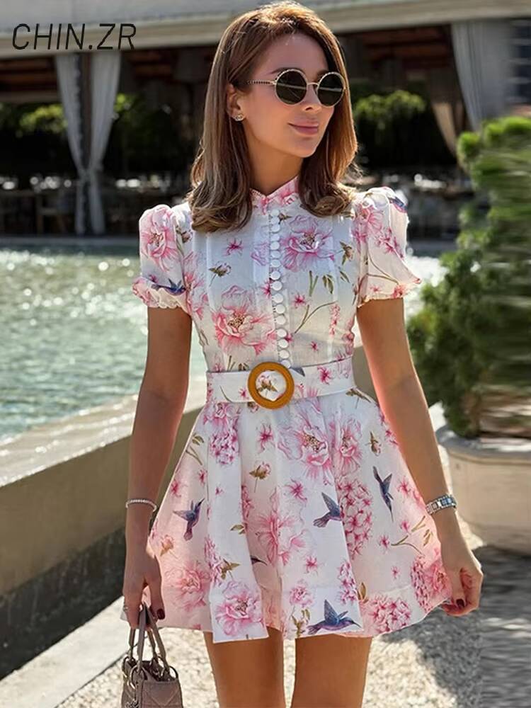 Elegant Print Belt Single Breasted Short Dress Women Stand Collar Puff Sleeve A-line Party Dresses 2025 Summer Lady Holiday Robe dongdumaoyi