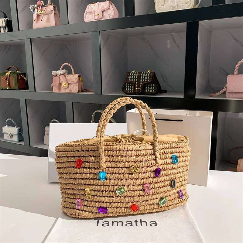 Summer Straw Woven Handmade Handbag Large Capacity Bucket Crystal Shiny Rhinestones Dia Tote Women Holiday Beach Bag