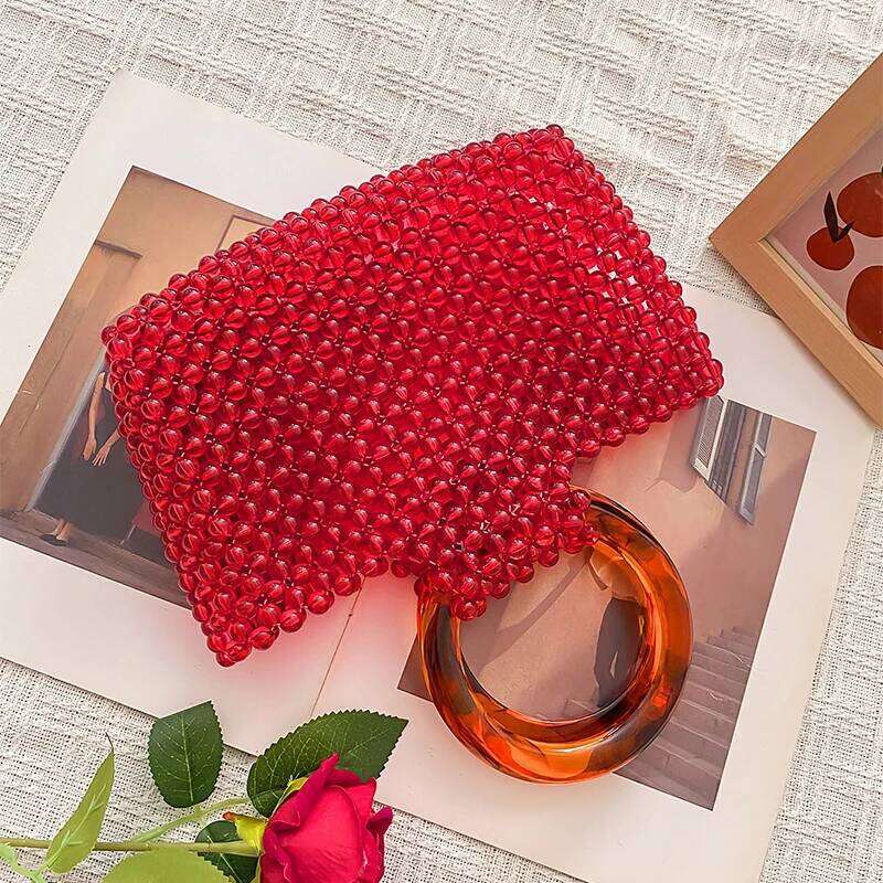 New Personalized Red Handmade Bead Woven Acrylic Fashionable And Versatile Circular Handle Handbag For Women