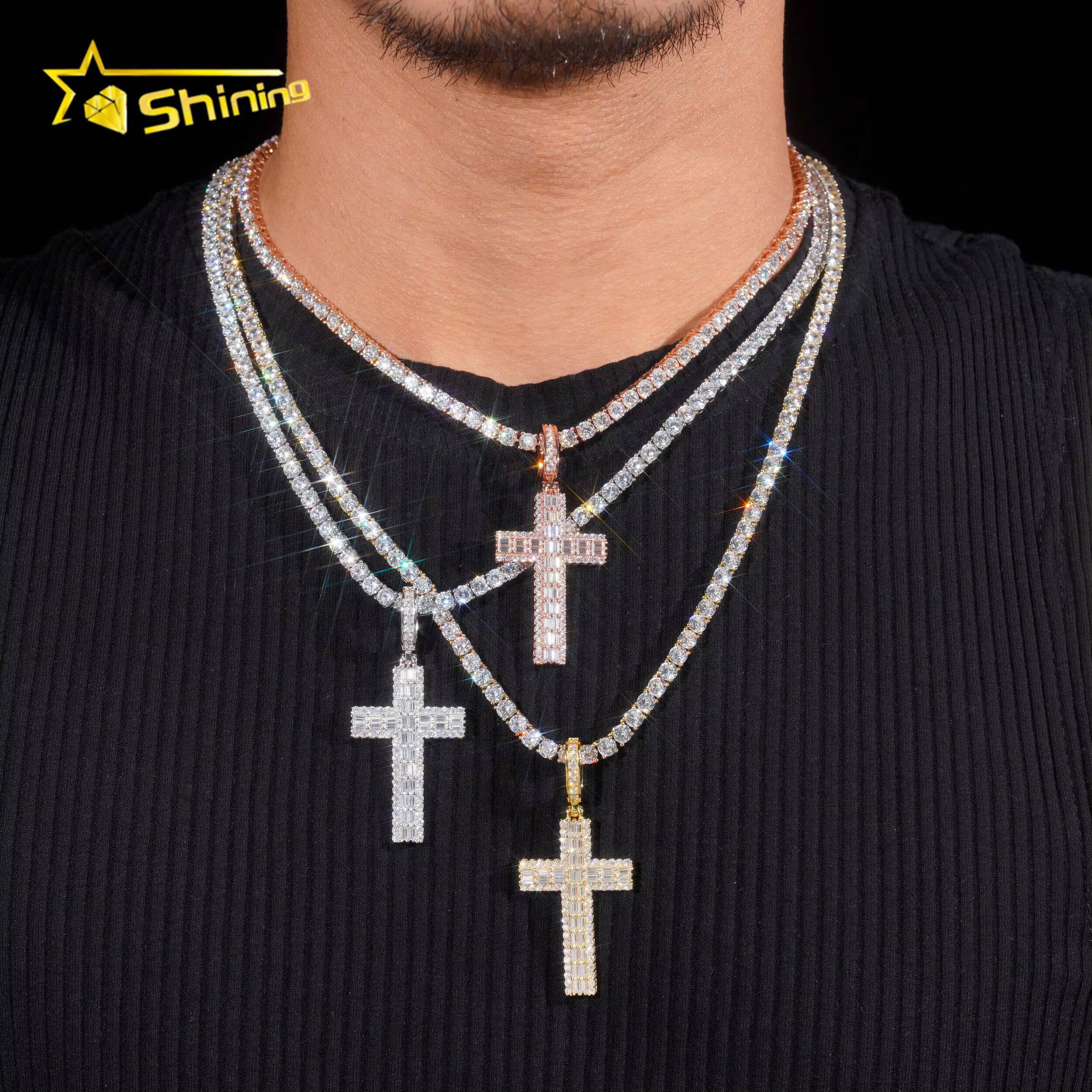 High-end Luxury Baguette Diamond 925 Silver Cross Mens Iced Out Hip Hop Moissanite Pendant for Tennis Chain