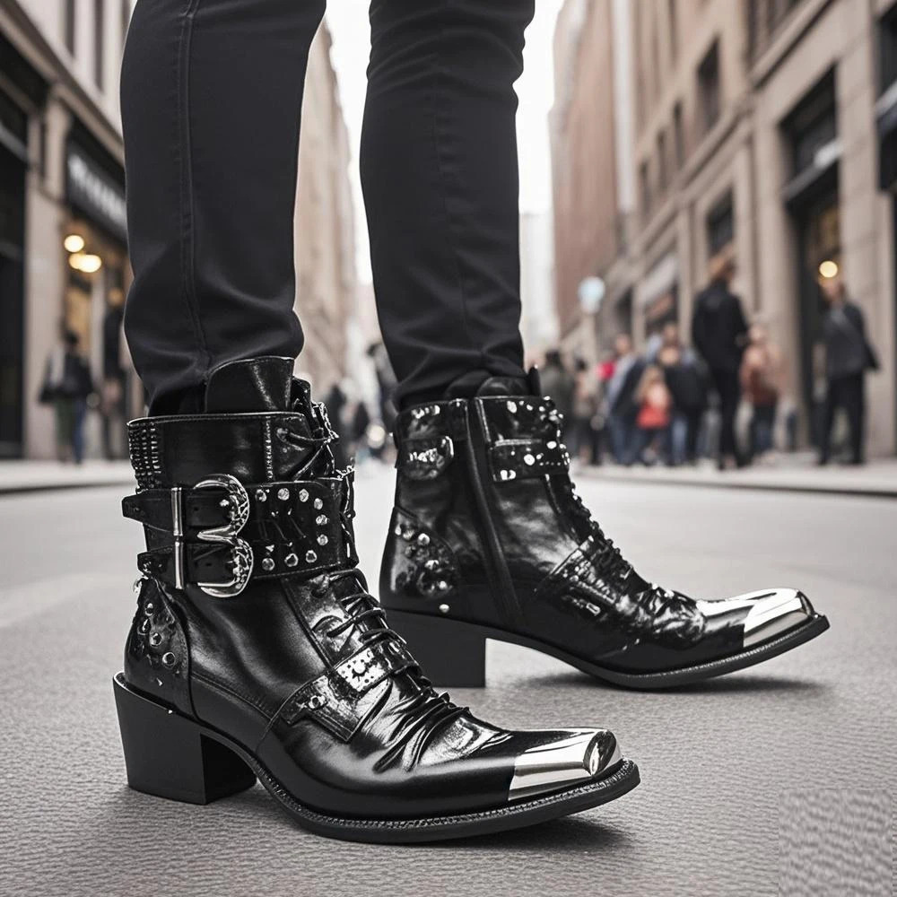 Spring Man Metal Fangtou Belt High-heeled Short boots Western Cowboy Boots Cowhide Serpentine Printing Stage show Party boots 250715
