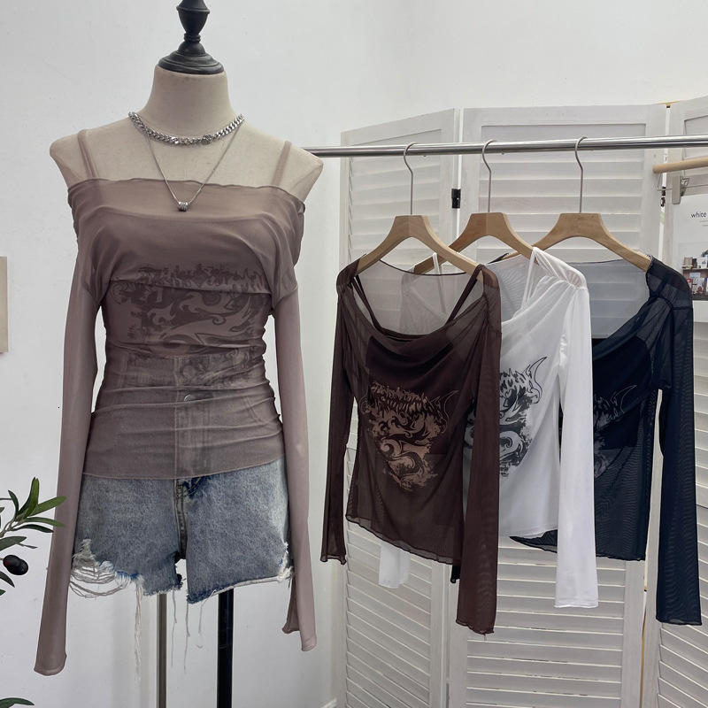 Summer New Women S T Shirt Real Shot Hot Girl Off Shoulder Mesh Sunscreen Cover Up Camisole Long Sleeve T Shirt Two Piece Set For Women New Designer T