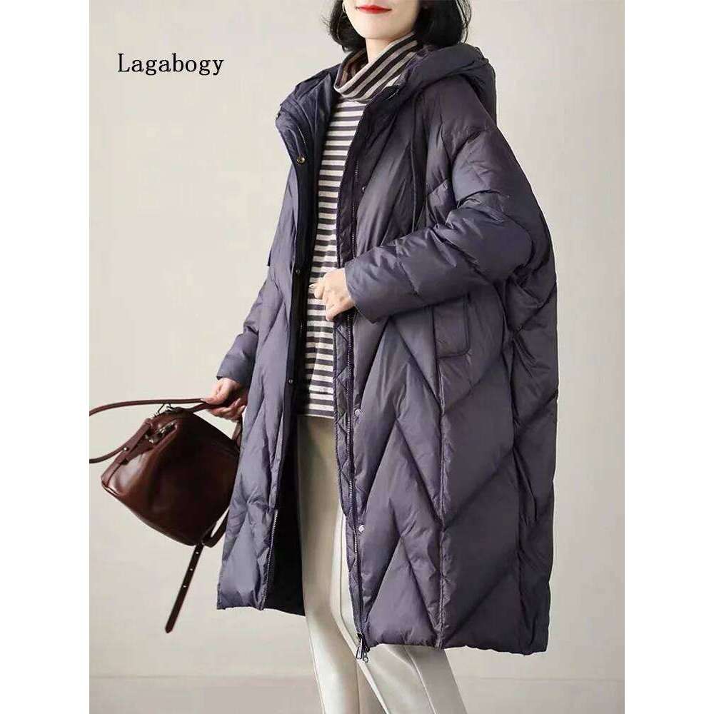 Lagabogy 2025 New Women 90% White Duck Down Long Jacket With Hooded Casual Loose Thick Parkas Female Winter Warm Windproof Coat