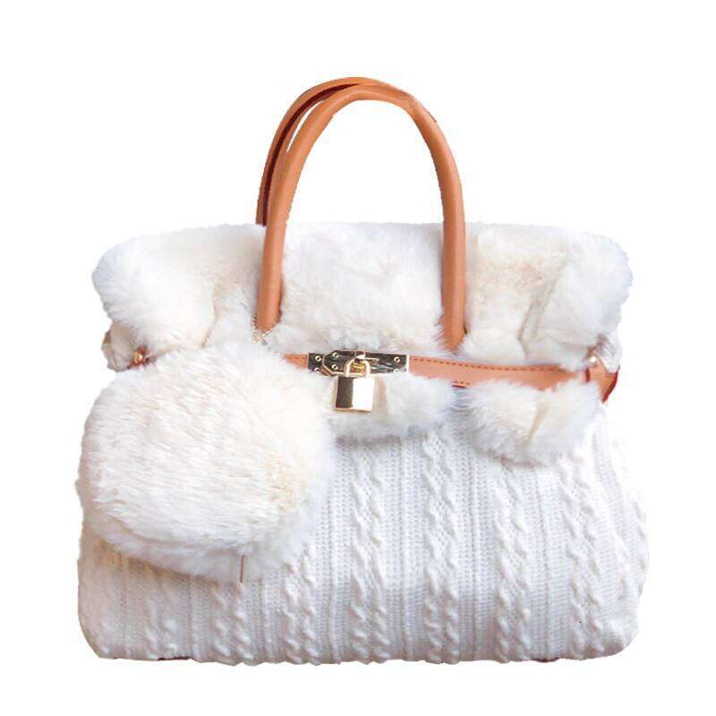 Autumn/Winter Fluffy Womens Wool Knit Handbag with Adorable Rabbit Fur Detail