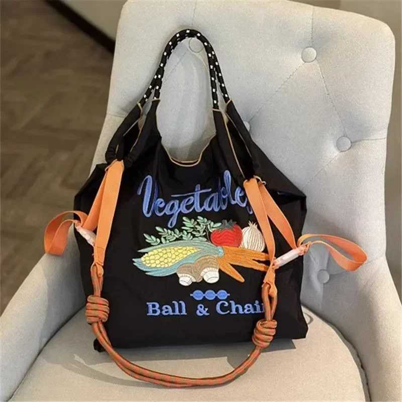 New Japanese Style Tenghua Ball Chain Embroidered Eco-friendly HandBag Nylon Diagonal Shoulder Shopping Bag Large Capacity 2024