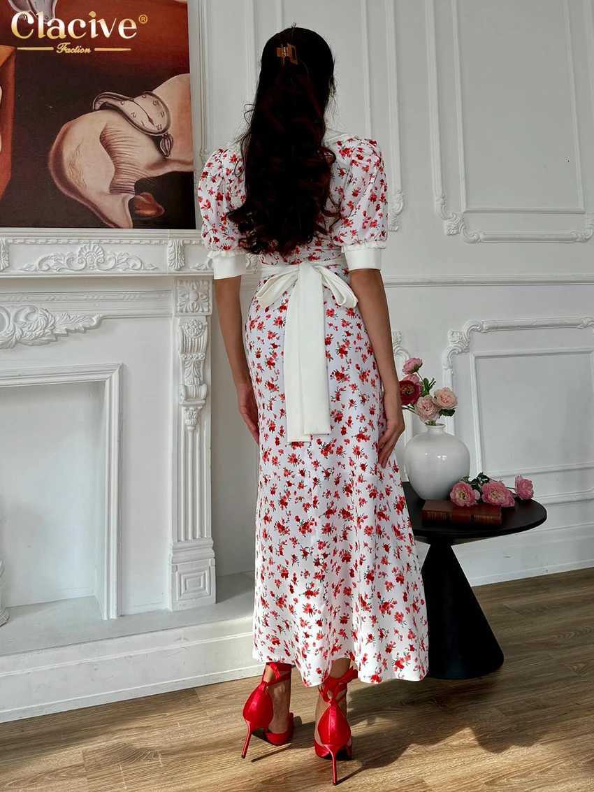 Clacive Fashion Slim Print Womens Dress Summer Lapel Short Sleeve Ankle Length Dresses Elegant High Waist Slit Female Dress R250716