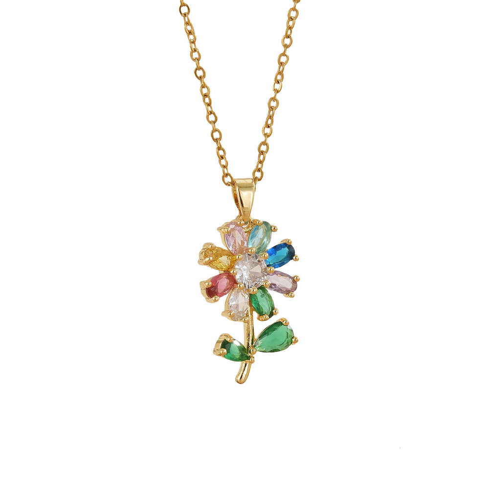 For Women, Internet Celebrity Colorful Zircon Flower, Niche Fashion New Design Pendant, Elegant Set, Titanium Steel Necklace 9A9