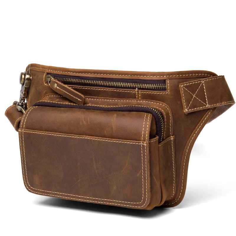 Mens genuine leather bag multi-functional crossbody waist bag for casual sports