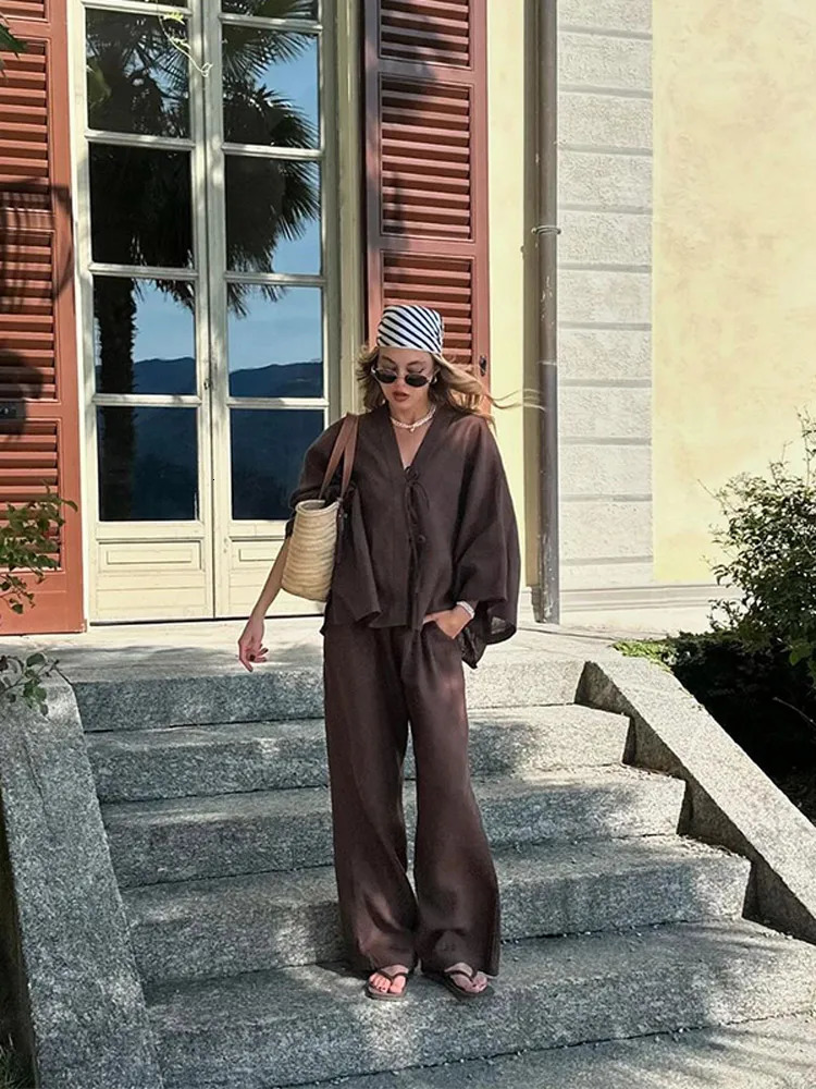 Brown Cotton Linen Loose Pants Set Womens Oversized V- Neck Buttons Shirts Suit Lady Summer Casual Daily Street Outfits 2025 250715