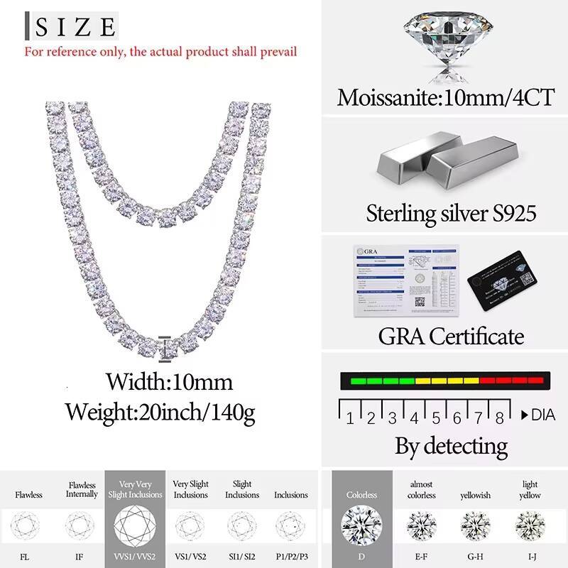 Luxury 10mm Mens Moissanite Tennis Chain VVS1 Prong Iced Side for Women Hip Hop Rapper Style Perfect Christmas Gift