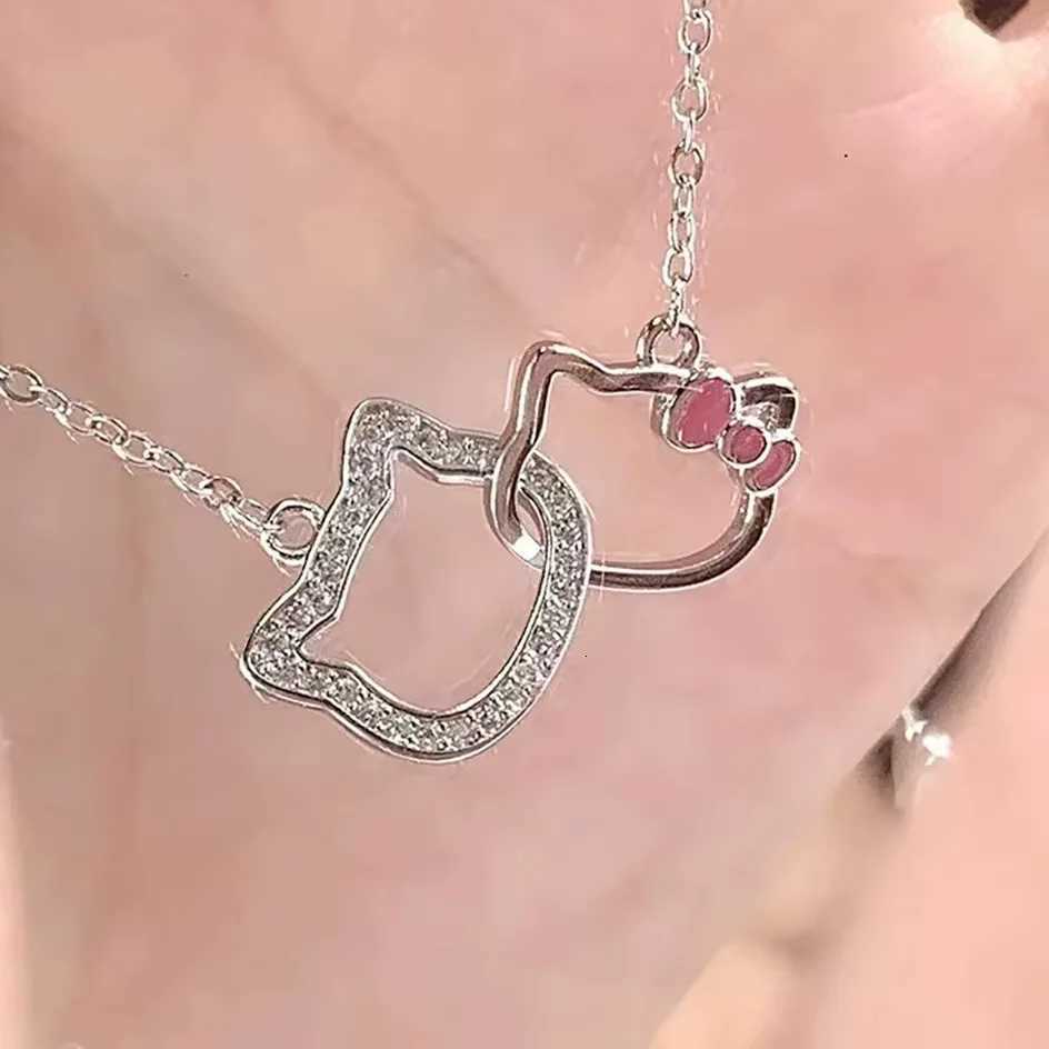 Sanrio Cartoon Sanrio Hello Kitty Necklace Pendant Kawaii Double Ring Clavicle Chain Girlfriend Charms Clasped Anime Chain Jewelry Gift w250716