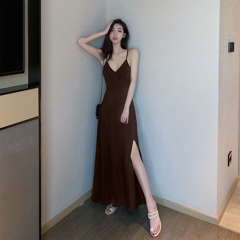 2025 Spaghetti Strap Little Black Dress Sexy Gentle V-neck Base Shirt Retro Long Side Slit Sleeveless Women's Clothing