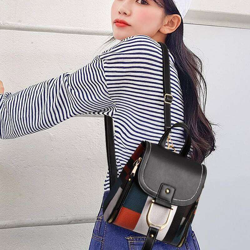 Splicing For Women PU Leather Plaid Multi-Function Knapsack Teenager School Bag Leisure Lock Backpack mochila
