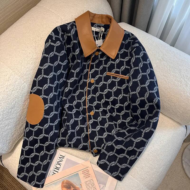 WTHT Trendy Women's Knit Print Patchwork Leather Denim Coat 2024 Autumn Fashion Lapel Long Sleeves Jacket Female 1Ls128