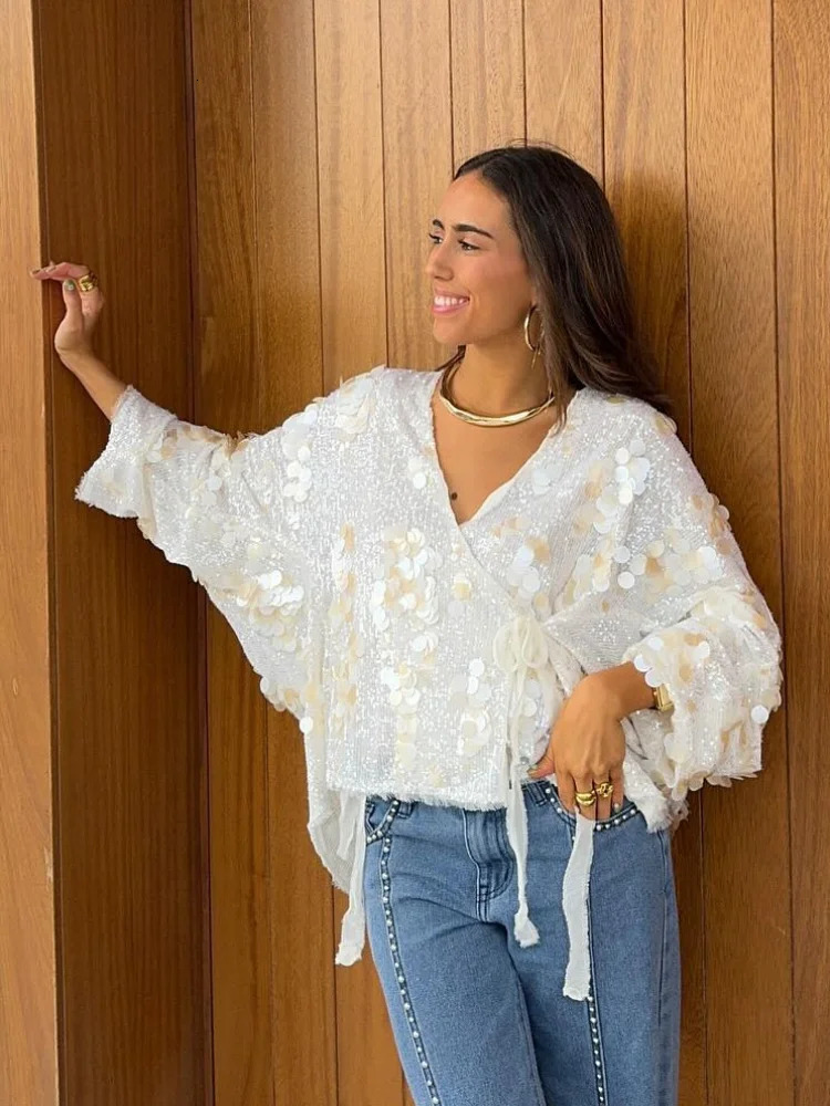 Women Fashion Sequin Lace Up Jackets Elegant V-neck Long Sleeve Shining Cardigan Coats 2025 Spring Female Chic High Street Tops 250715