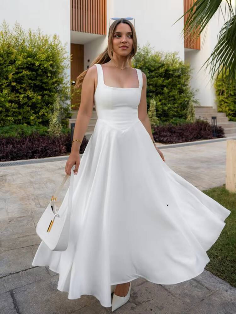 White Sleeveless Suspnder Long For Women Square Collar Fashion High Waist Sexy A-line Splice Elegant Dress dongdumaoyi