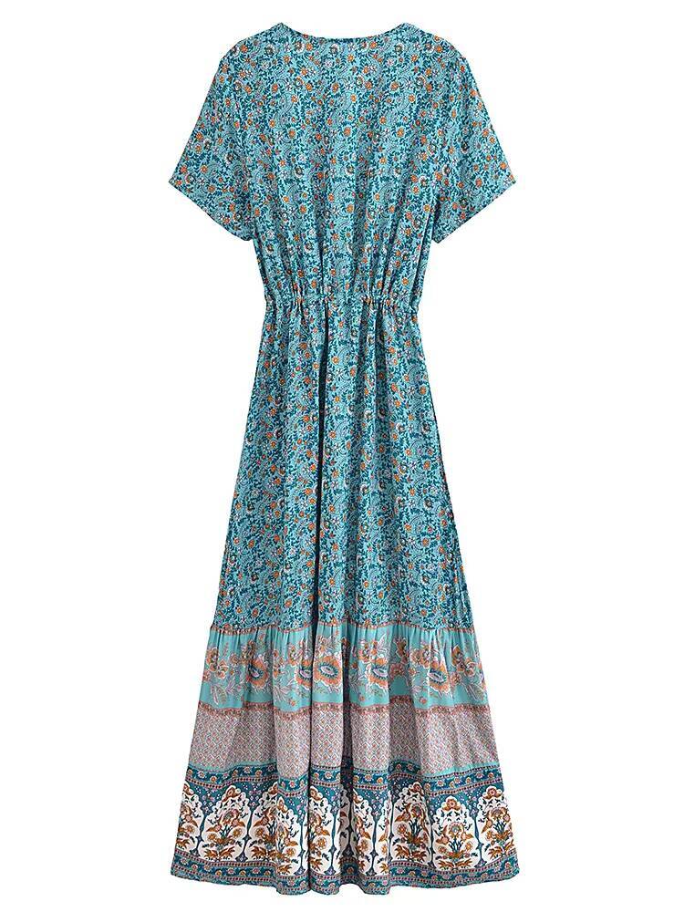 Vintage Chic Women Floral Print Bat Sleeve Beach Bohemian Maxi Dresses Ladies Button V Neck Summer Boho Dress Robe Vestidos dongdumaoyi