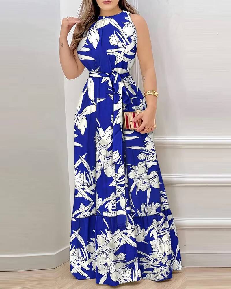 Elegant Womens Sexy Y2k Lace Up Print Strap Dress Holiday Beach Female Robe Vesido Mujer Maxi Dresses For Women dongdumaoyi