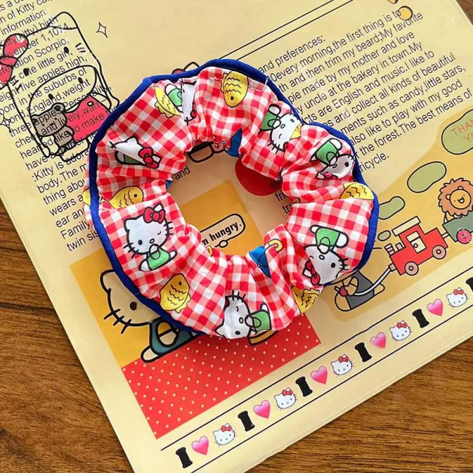Sanrio Hello Kitty Checked Scrunchies Sweet Cute Kitty Cat Color Contrast Scrunchies High Ponytail Rubber Band Hair Accessoriesw250716