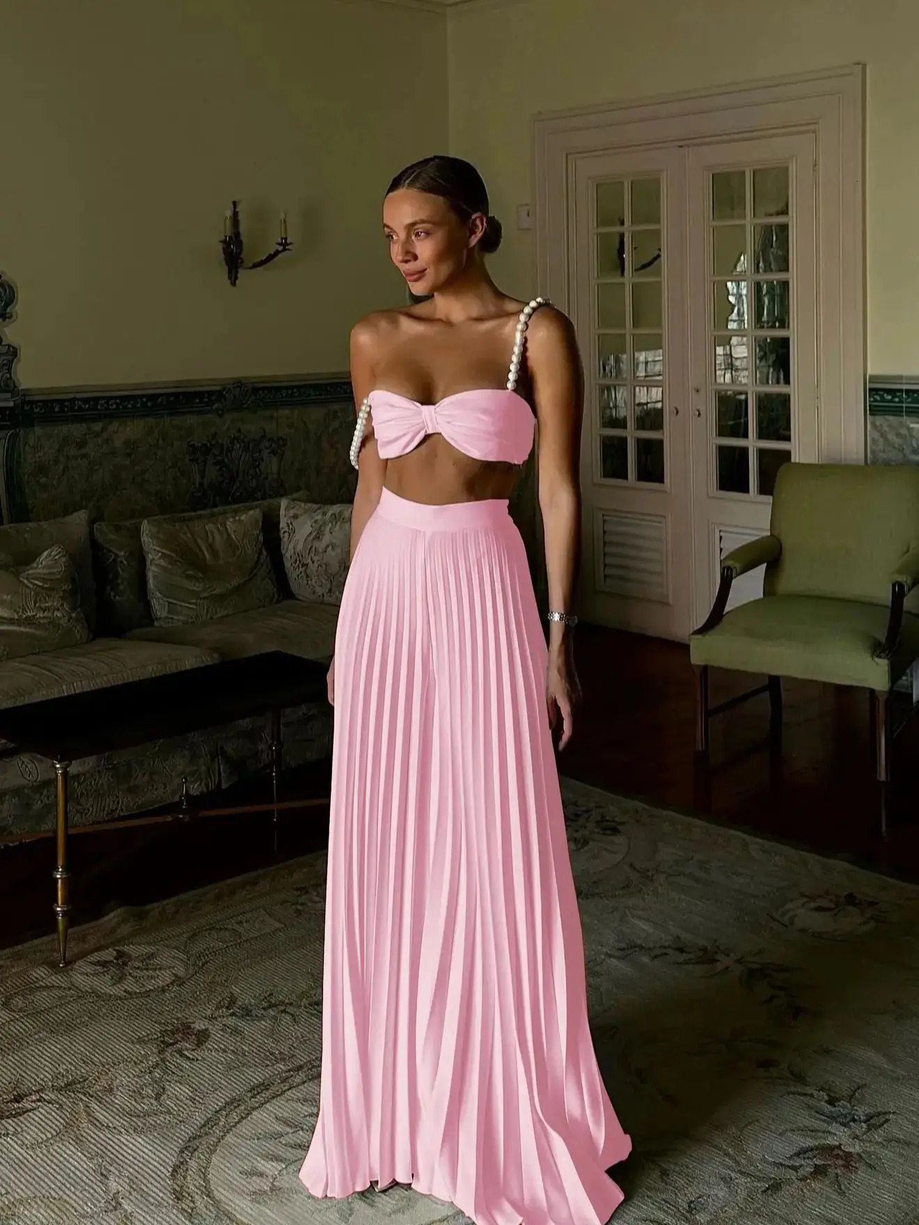Pleated Skirt Set Women A Line Skirt Beach Skirt Sleeveless Two Piece Set Bandage Top Summer Beach Holiday Party Summer 250715