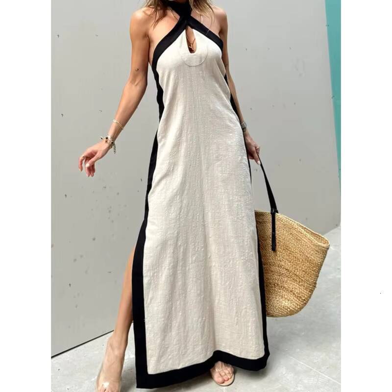 Boho Summer Sexy Womens Dress New Style Cotton Linen Backless Halterneck Slit Vintage Prom Dresses For Women Maxi Robe Femme dongdumaoyi