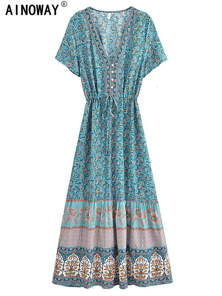 Vintage Chic Women Floral Print Bat Sleeve Beach Bohemian Maxi Dresses Ladies Button V Neck Summer Boho Dress Robe Vestidos dongdumaoyi