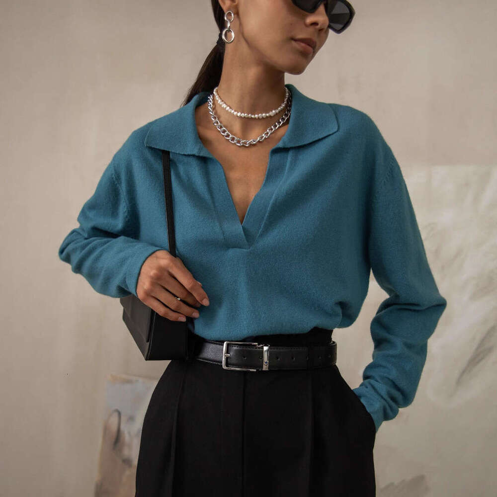 Polo Autumn Winter Casual Versatile Turn-Down Collar Knitted Pullover Sweater For Women B5