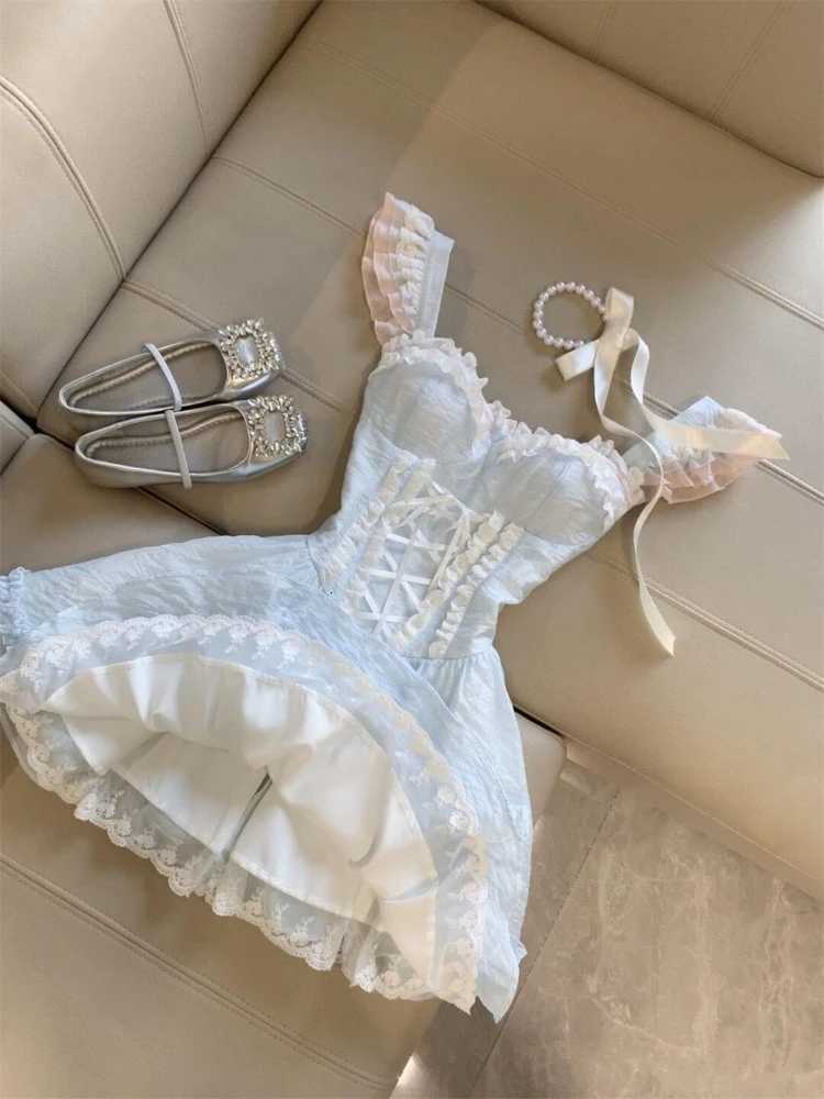 Summer Sweet Fairy Slim Blue Dress Fashion Design Lace Sling Thin Dresses Girl Elegant Chic Square Neck A-line New Outfits 2025 R250716