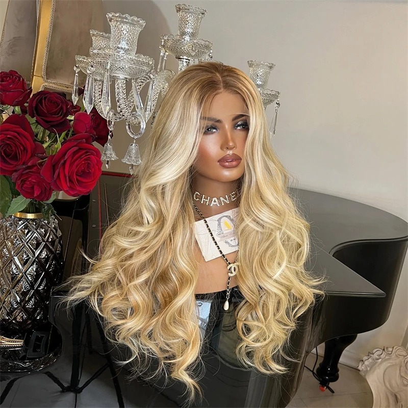 Ombre Blonde Body Wave 13x4 HD Lace Frontal Wigs 30 36 Inch Honey Blonde Colored Lace Closure Front Wig For Black Women Synthetic Lace Front Wig
