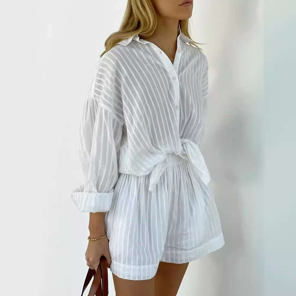 Summer New Women's White Striped Cotton Shirt And Shorts Set Casual Outfit B5
