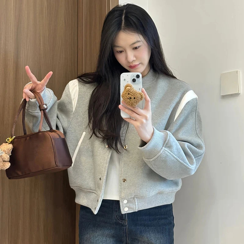 Rimocy Autumn Gray Baseball Uniform Coat Women Streetwear Round Neck Cropped Bomber Jacket Woman Long Sleeve Casual Jackets 250716