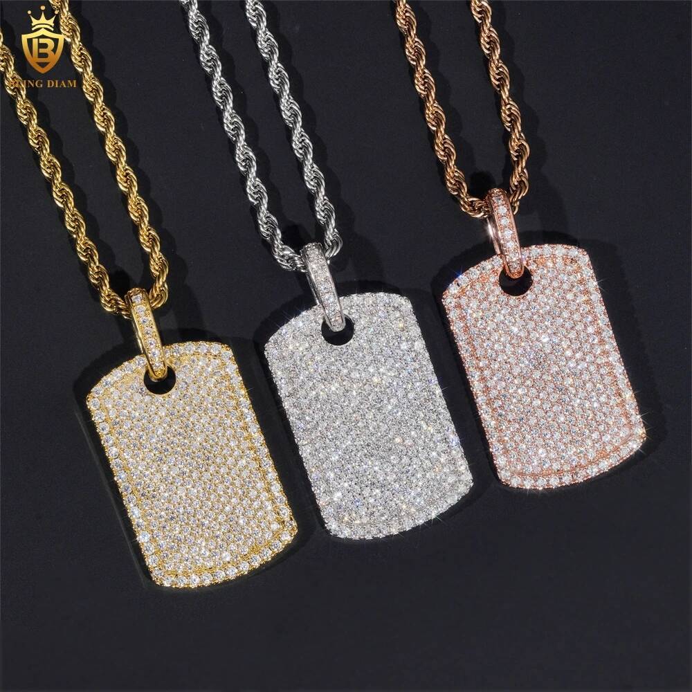 S925 Sterling Silver Inlaid Moissanite Shiny Rectangular Pendant Necklace INS Cool Hip-hop Pendant