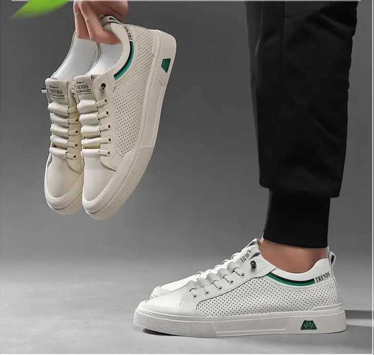 New Shoes for Men Genuine Leather Casual Shoes Street Trend Flat Skateboard Shoes Summer Breathable Cow Leather Sneakers W250716