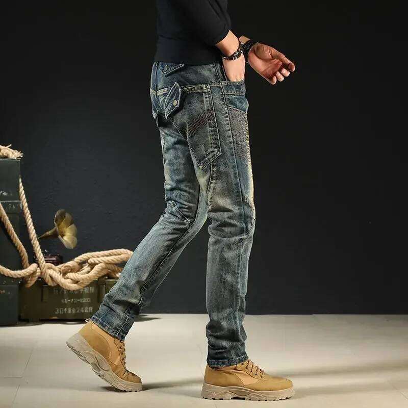 Male Cowboy Pants Skinny Low Rise Jeans For Men Motorcycle Slim Fit Trousers 90S Streetwear Straight Tight Pipe Retro Casual Xs