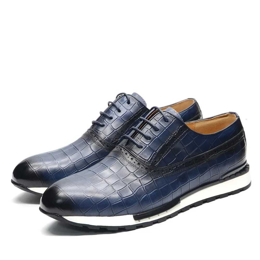 Luxury Men Genuine Leather Casual Sneakers Comfortable Lace Up Oxford Daily Social Shoes Stone Pattern Solid Blue Mens Footwear W250716