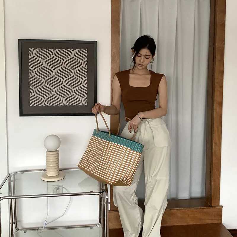 Hylhexyr Woman Woven Beach Bag Color Block Large Capacity Vegetable Basket Tote Bags Hand Woven Handbag