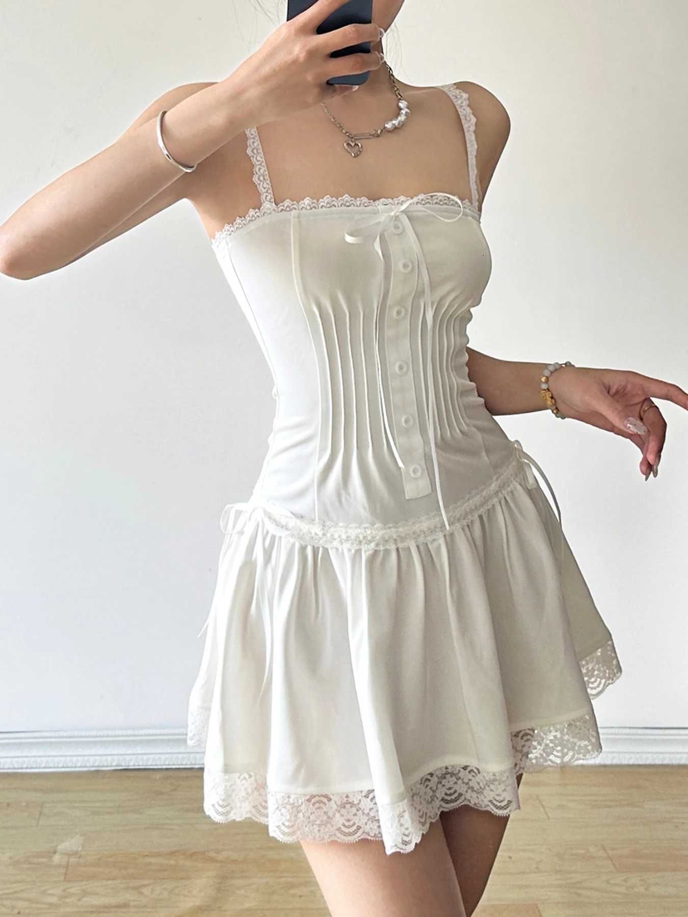 1Masure Vintage Lace Trim Bandage A-Line Dress Sexy Slim Slash Neck Sleeveless Mini Dresses for Women 2024 Summer Fashion Ladies R250716